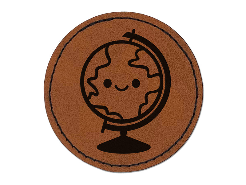 Kawaii Globe Earth Teacher School Round Iron-On Engraved Faux Leather Patch Applique - 2.5"