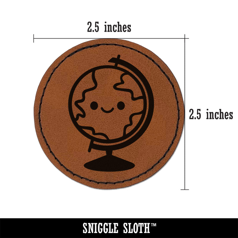 Kawaii Globe Earth Teacher School Round Iron-On Engraved Faux Leather Patch Applique - 2.5"