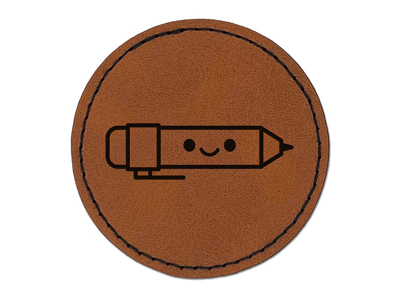 Kawaii Mechanical Pencil Teacher School Round Iron-On Engraved Faux Leather Patch Applique - 2.5"