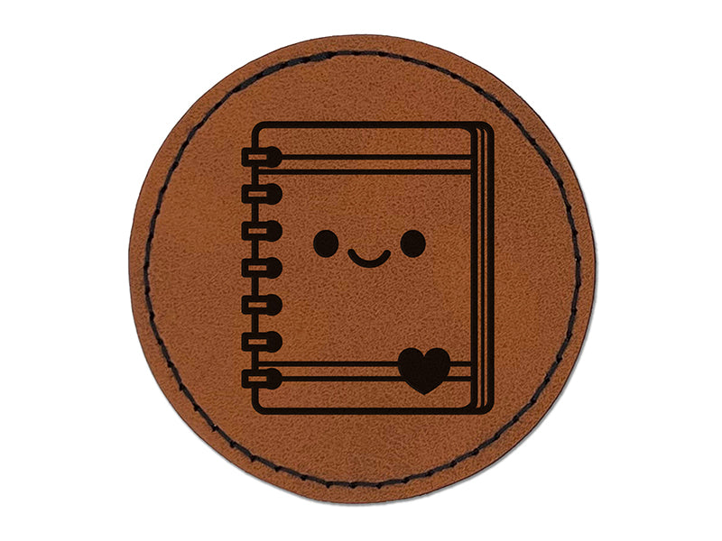 Kawaii Notebook Diary Agenda Teacher School Round Iron-On Engraved Faux Leather Patch Applique - 2.5"