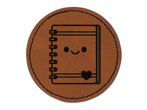 Kawaii Notebook Diary Agenda Teacher School Round Iron-On Engraved Faux Leather Patch Applique - 2.5"