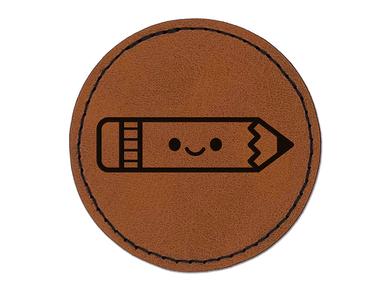 Kawaii Pencil Teacher School Round Iron-On Engraved Faux Leather Patch Applique - 2.5"