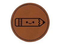 Kawaii Pencil Teacher School Round Iron-On Engraved Faux Leather Patch Applique - 2.5"