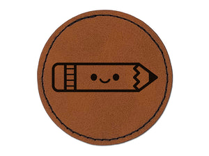 Kawaii Pencil Teacher School Round Iron-On Engraved Faux Leather Patch Applique - 2.5"