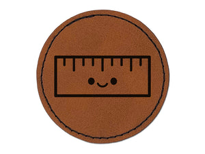 Kawaii Ruler Teacher School Round Iron-On Engraved Faux Leather Patch Applique - 2.5"