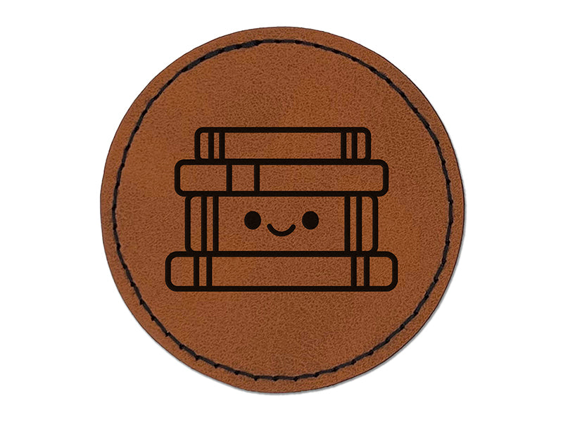 Kawaii Stack of Books Teacher School Round Iron-On Engraved Faux Leather Patch Applique - 2.5"
