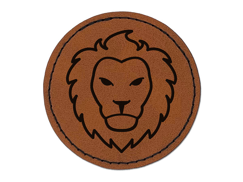 Lion Head Face Round Iron-On Engraved Faux Leather Patch Applique - 2.5"