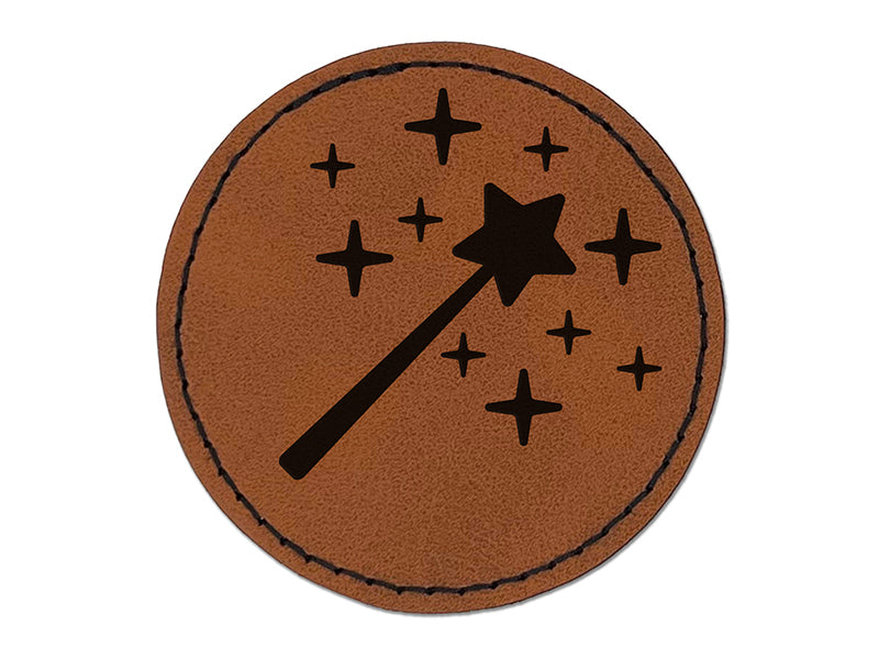 Magic Fairy Wand Round Iron-On Engraved Faux Leather Patch Applique - 2.5"
