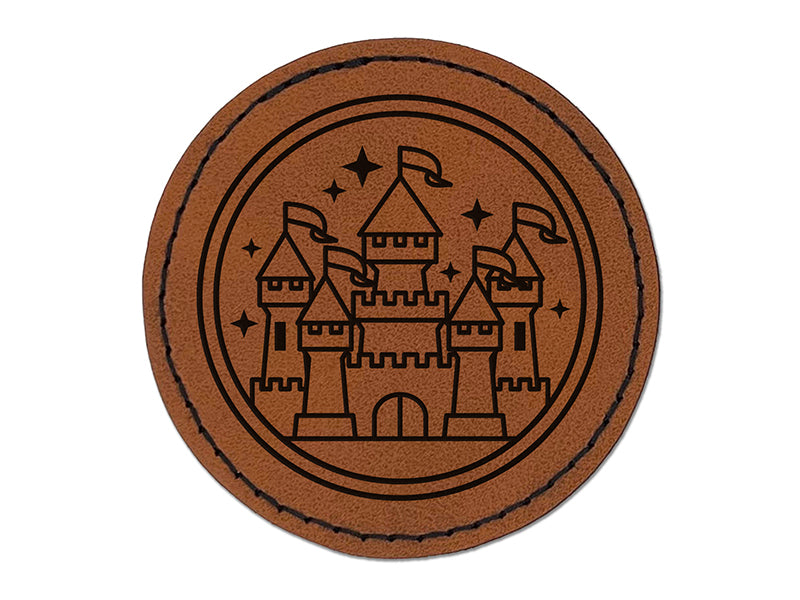 Magic Fairytale Castle Round Iron-On Engraved Faux Leather Patch Applique - 2.5"