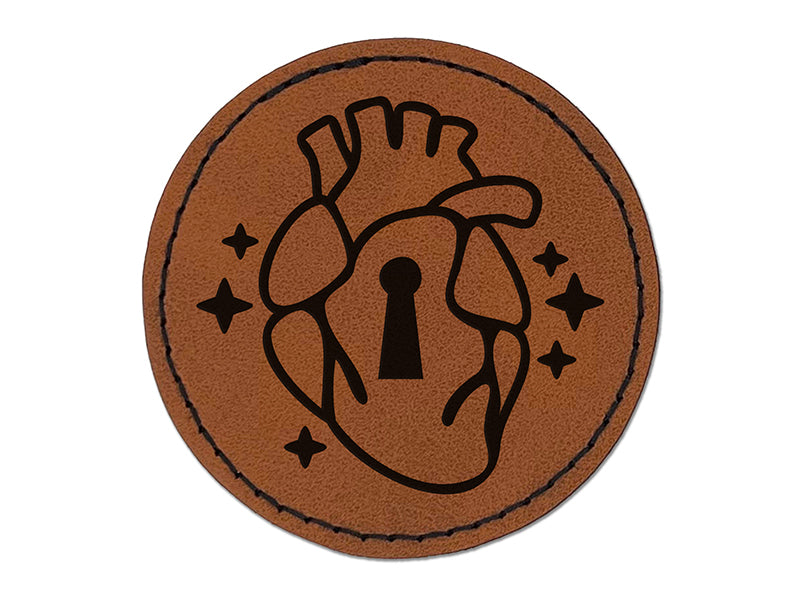 Magic Heart Keyhole Round Iron-On Engraved Faux Leather Patch Applique - 2.5"