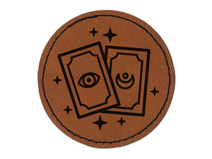 Magic Tarot Cards Round Iron-On Engraved Faux Leather Patch Applique - 2.5"