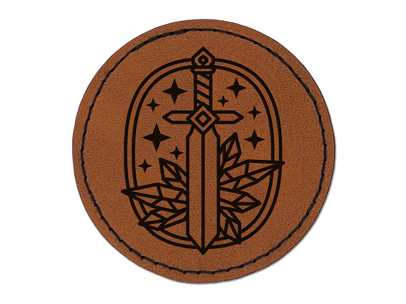 Magical Sword and Crystals Round Iron-On Engraved Faux Leather Patch Applique - 2.5"