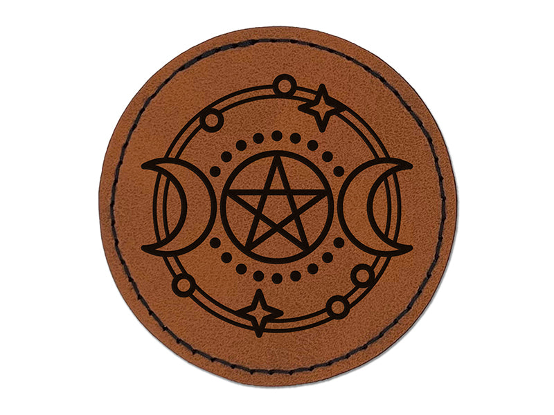 Moon and Star Orbit Round Iron-On Engraved Faux Leather Patch Applique - 2.5"