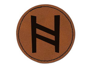 Norse Viking Dwarven Rune Letter H Round Iron-On Engraved Faux Leather Patch Applique - 2.5"