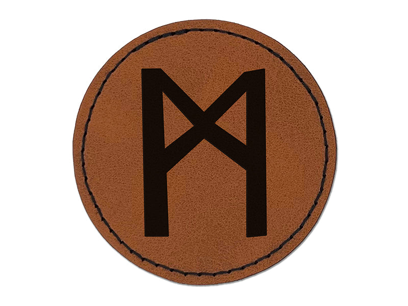 Norse Viking Dwarven Rune Letter M Round Iron-On Engraved Faux Leather Patch Applique - 2.5"