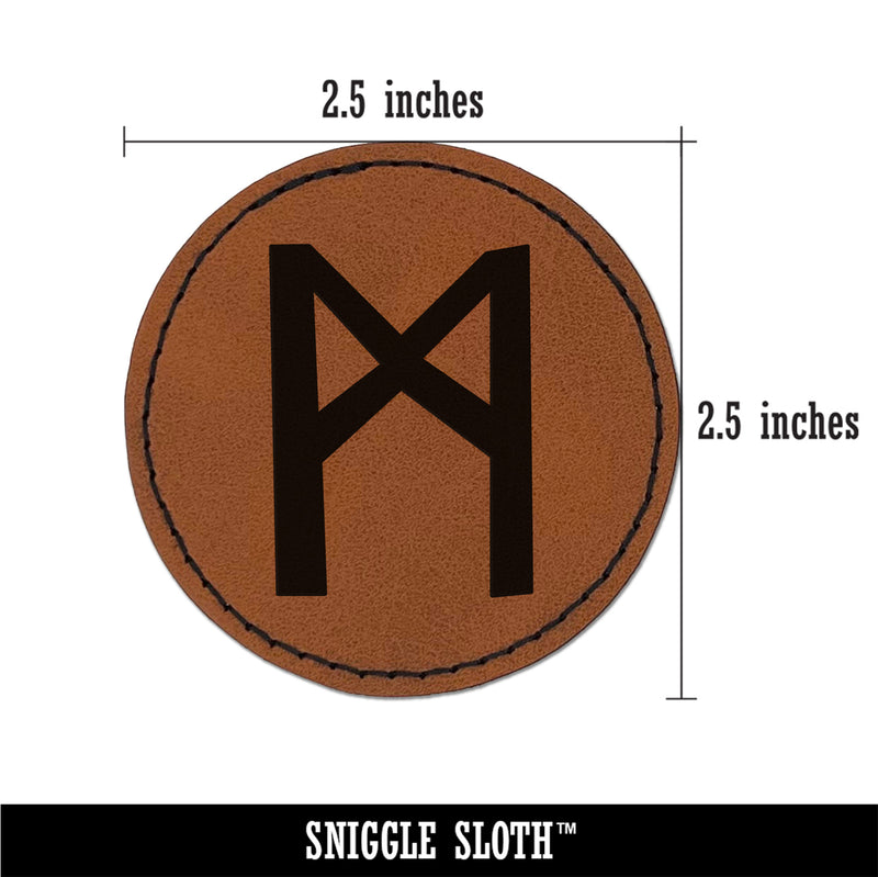 Norse Viking Dwarven Rune Letter M Round Iron-On Engraved Faux Leather Patch Applique - 2.5"