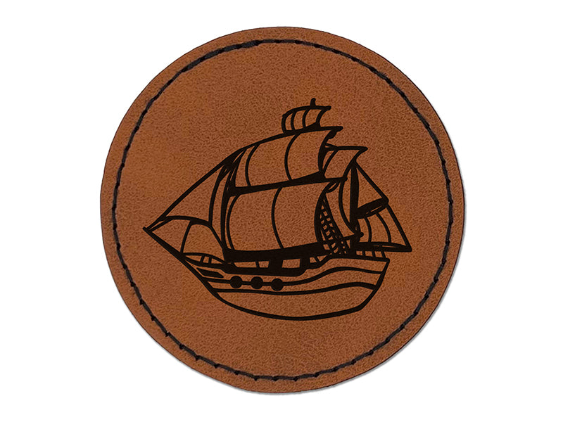 Old Timey Boat Ship Round Iron-On Engraved Faux Leather Patch Applique - 2.5"