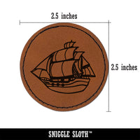 Old Timey Boat Ship Round Iron-On Engraved Faux Leather Patch Applique - 2.5"