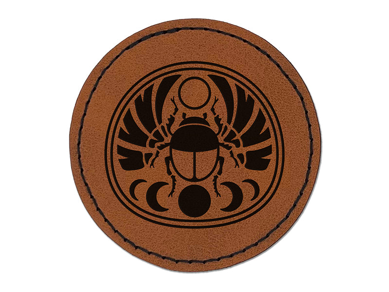 Sacred Celestial Moon Scarab Round Iron-On Engraved Faux Leather Patch Applique - 2.5"