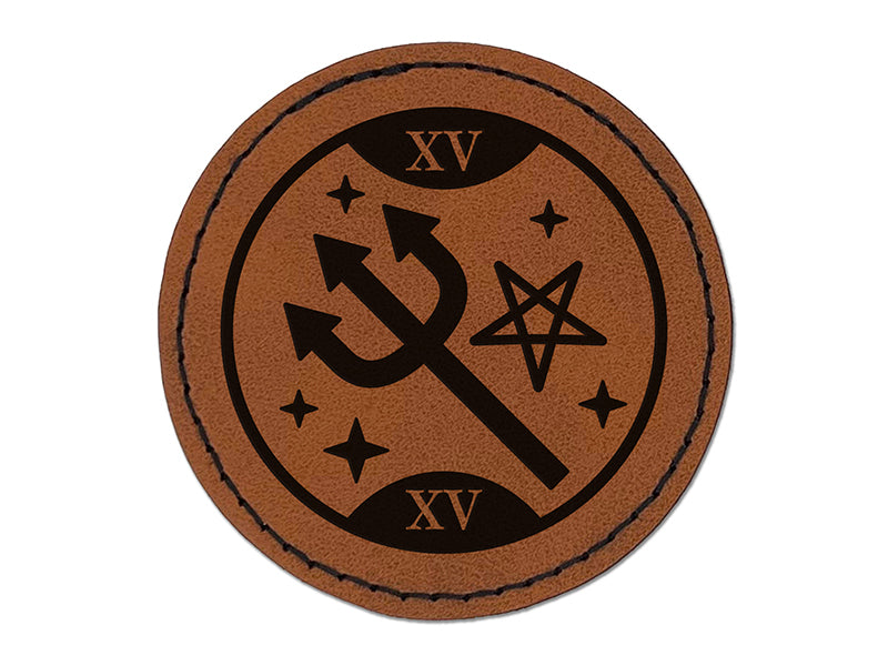 The Devil Tarot Card Round Iron-On Engraved Faux Leather Patch Applique - 2.5"