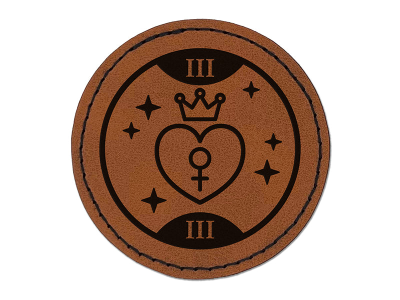 The Empress Tarot Card Round Iron-On Engraved Faux Leather Patch Applique - 2.5"