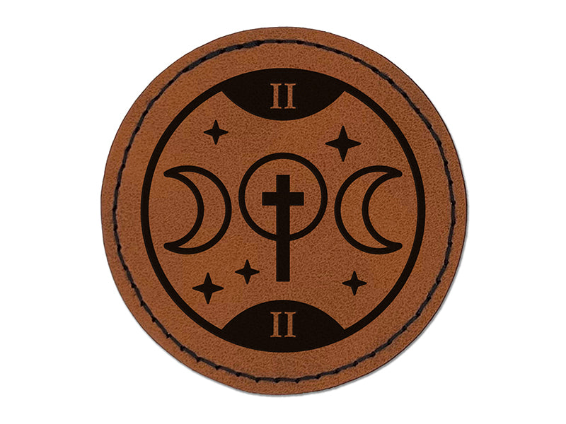 The High Priestess Tarot Card Round Iron-On Engraved Faux Leather Patch Applique - 2.5"