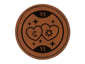 The Lovers Tarot Card Round Iron-On Engraved Faux Leather Patch Applique - 2.5"