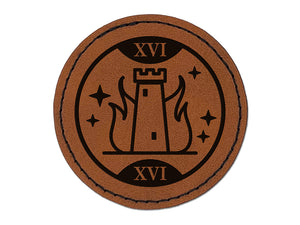 The Tower Tarot Card Round Iron-On Engraved Faux Leather Patch Applique - 2.5"