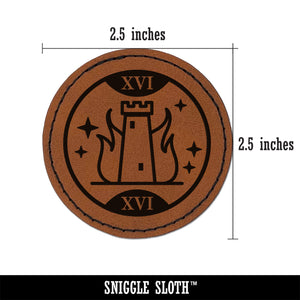 The Tower Tarot Card Round Iron-On Engraved Faux Leather Patch Applique - 2.5"