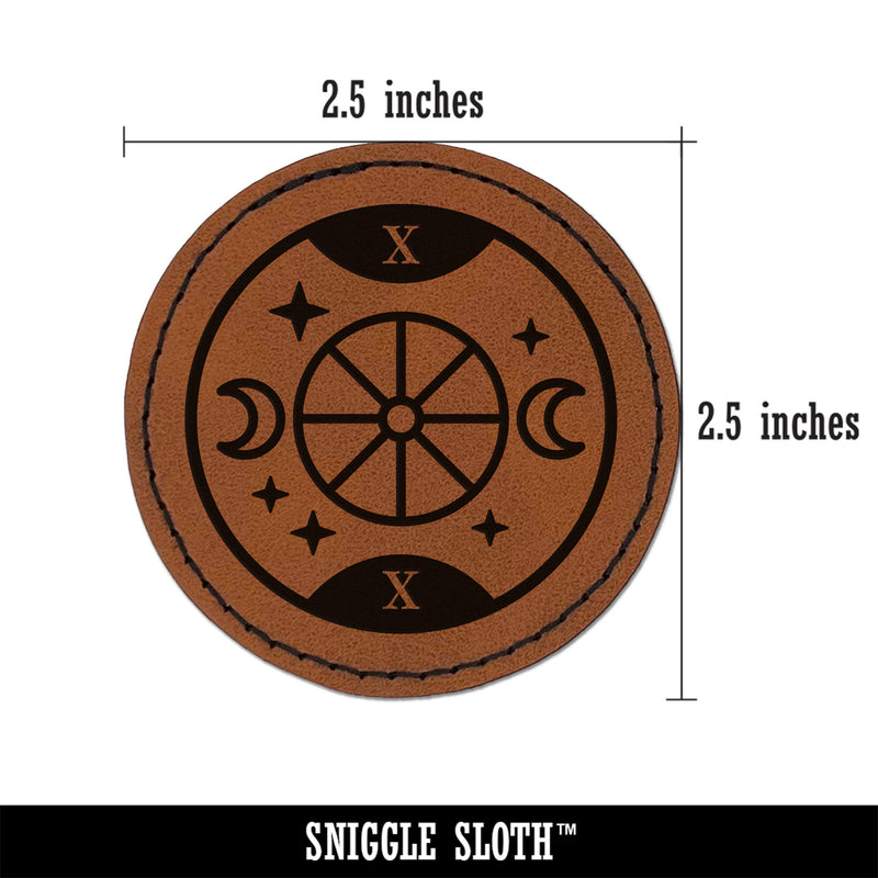 The Wheel of Fortune Tarot Card Round Iron-On Engraved Faux Leather Patch Applique - 2.5"