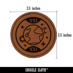 The World Tarot Card Round Iron-On Engraved Faux Leather Patch Applique - 2.5"