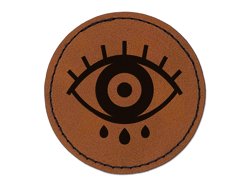 Three Tears Evil Eye Nazar Charm Round Iron-On Engraved Faux Leather Patch Applique - 2.5"