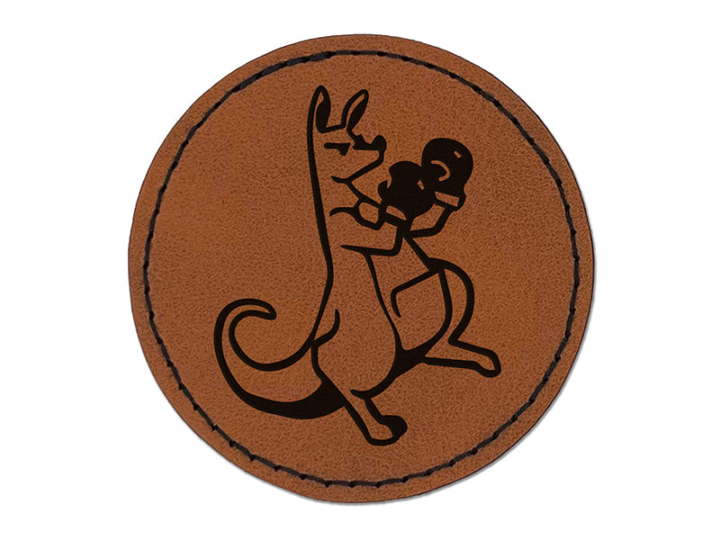 Aggressive Kangaroo Boxing Gloves Round Iron-On Engraved Faux Leather Patch Applique - 2.5"