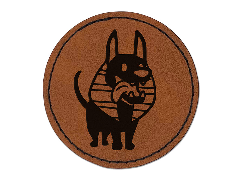 Anubis Puppy Egyptian Jackal Dog Round Iron-On Engraved Faux Leather Patch Applique - 2.5"