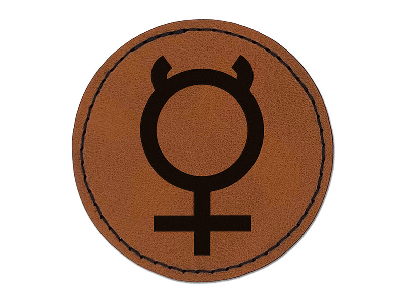 Astronomy Mercury Astrology Planet Symbol Round Iron-On Engraved Faux Leather Patch Applique - 2.5"