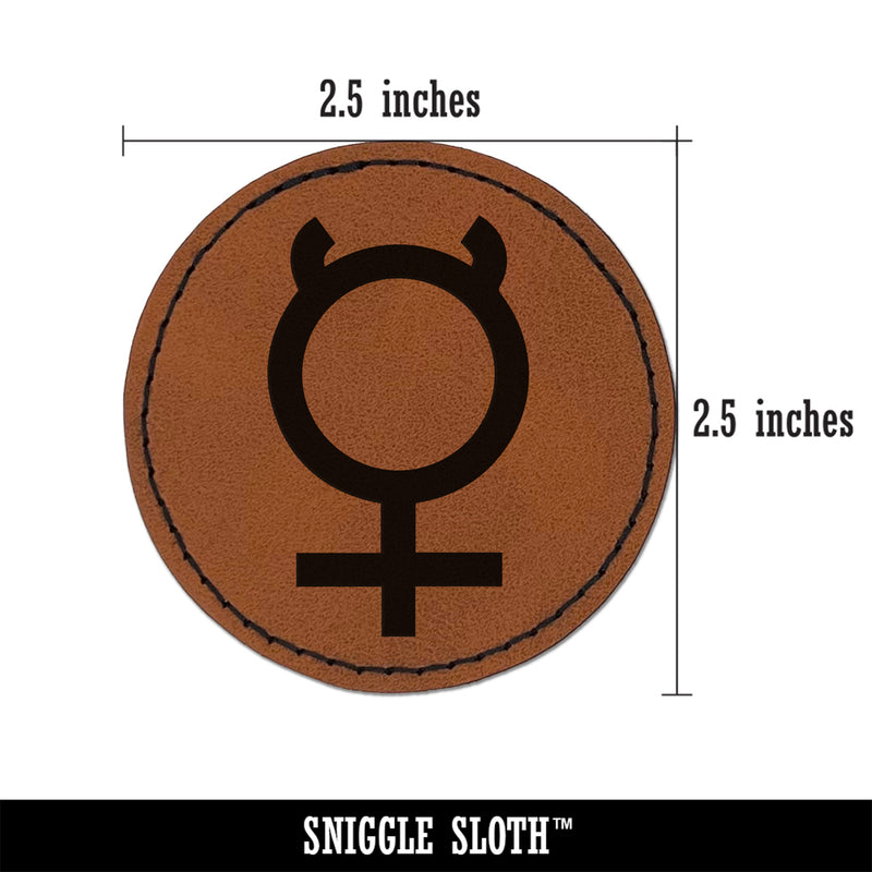 Astronomy Mercury Astrology Planet Symbol Round Iron-On Engraved Faux Leather Patch Applique - 2.5"