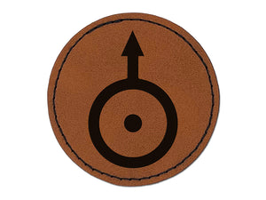 Astronomy Uranus Astrology Planet Symbol Round Iron-On Engraved Faux Leather Patch Applique - 2.5"