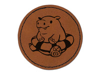 Baby Hippo in Swimming Tube Round Iron-On Engraved Faux Leather Patch Applique - 2.5"