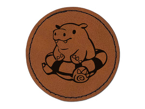 Baby Hippo in Swimming Tube Round Iron-On Engraved Faux Leather Patch Applique - 2.5"