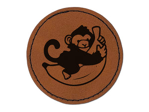 Baby Monkey Hugging Big Banana Round Iron-On Engraved Faux Leather Patch Applique - 2.5"