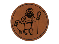 Biblical Shepherd Sheep Staff Crook Round Iron-On Engraved Faux Leather Patch Applique - 2.5"