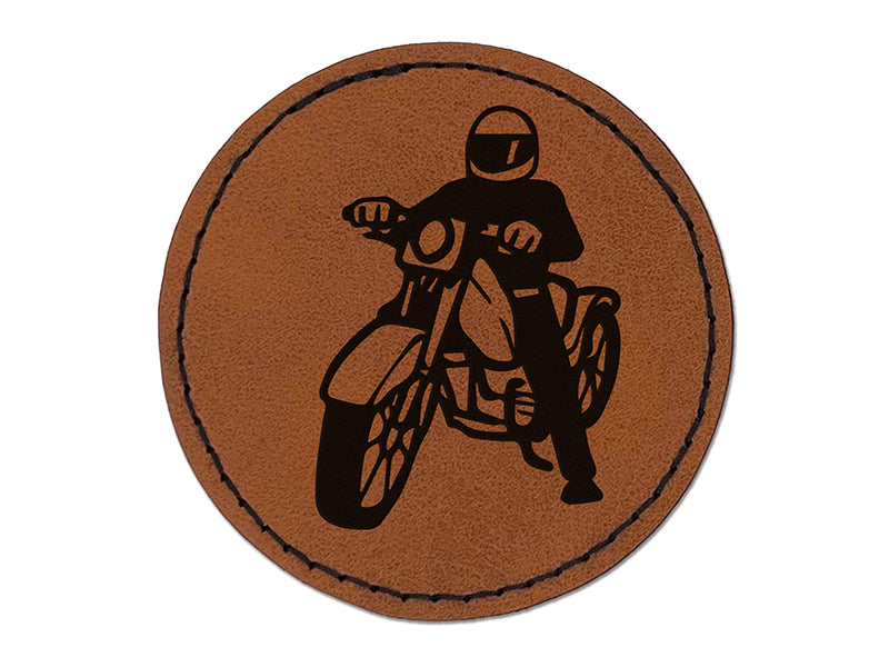 Biker on Motorcycle Round Iron-On Engraved Faux Leather Patch Applique - 2.5"