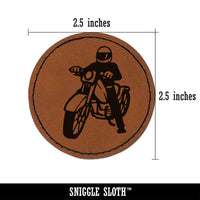 Biker on Motorcycle Round Iron-On Engraved Faux Leather Patch Applique - 2.5"