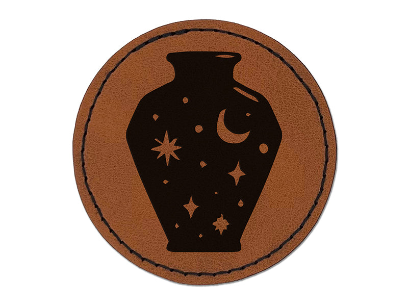 Bottle of Moon and Stars Round Iron-On Engraved Faux Leather Patch Applique - 2.5"