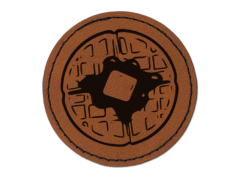 Breakfast Waffle Butter Syrup Round Iron-On Engraved Faux Leather Patch Applique - 2.5"
