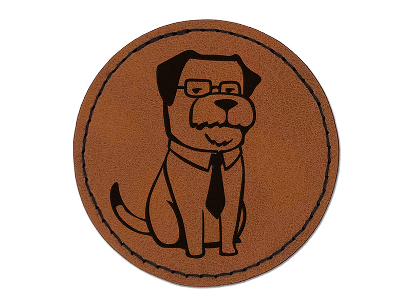 Business Dog Tie Glasses Round Iron-On Engraved Faux Leather Patch Applique - 2.5"