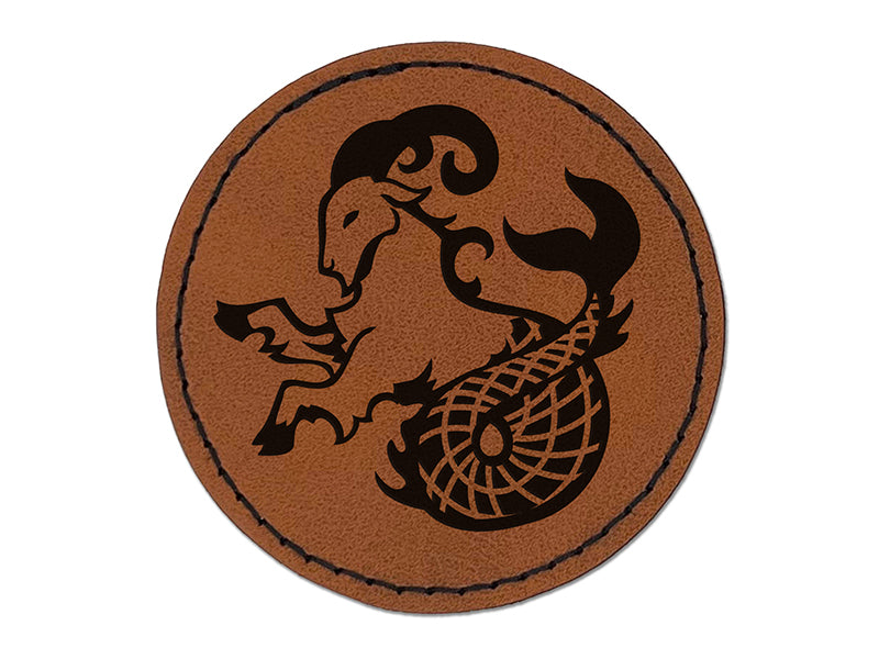 Capricorn Sea Goat Mythical Creature Round Iron-On Engraved Faux Leather Patch Applique - 2.5"
