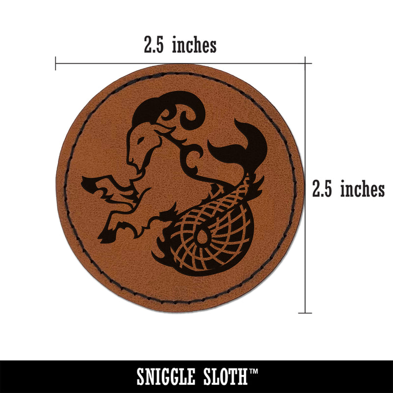 Capricorn Sea Goat Mythical Creature Round Iron-On Engraved Faux Leather Patch Applique - 2.5"