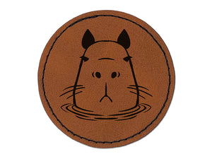 Capybara Sitting In Water Round Iron-On Engraved Faux Leather Patch Applique - 2.5"