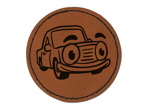 Cartoon Car with Face Round Iron-On Engraved Faux Leather Patch Applique - 2.5"